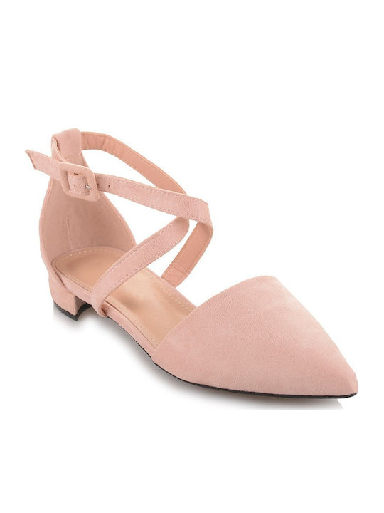 Famous Shoes Suede Pointy Ballerinas With strap Pink