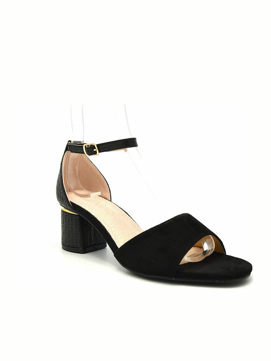 Suede Women's Sandals with Ankle Strap Black with Chunky Medium Heel