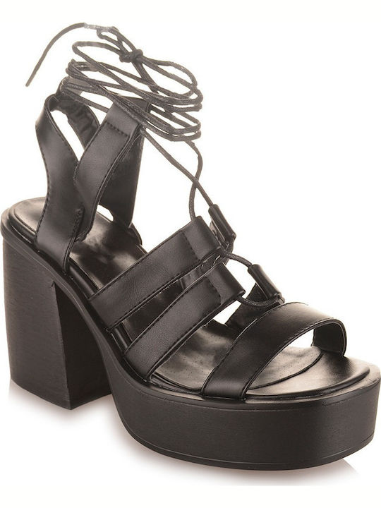 Famous Shoes Γυναικεία Πέδιλα με Χοντρό Ψηλό Τακούνι σε Μαύρο Χρώμα