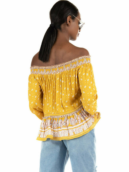 Superdry Ameera Women's Summer Blouse Off-Shoulder with 3/4 Sleeve Yellow