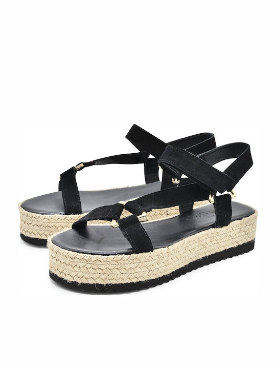 Leather Women's Flat Sandals with Strap Flatforms in Black Color