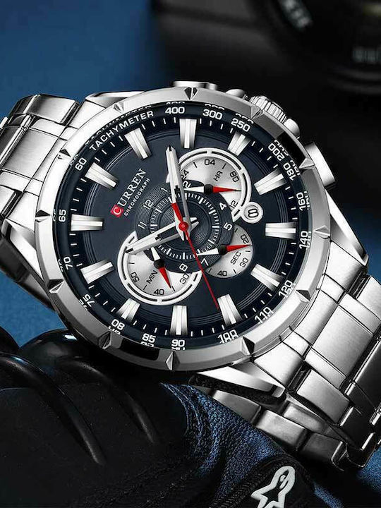 Curren Men's Watch 45mm Chronograph Battery with Silver Metal Bracelet