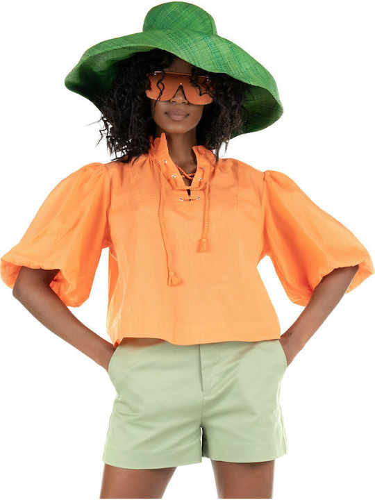 Women's Summer Blouse Cotton Short Sleeve Orange