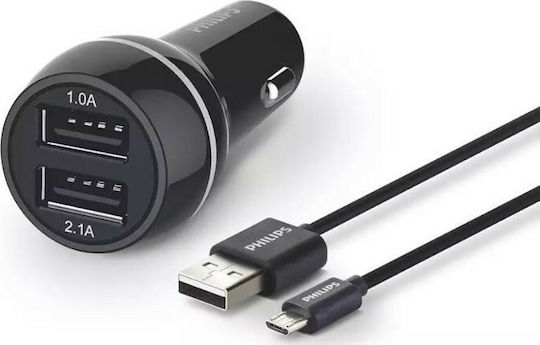 Philips Car Charger 15.5W 3.1A Fast Charging with Ports: 2xUSB Black Color