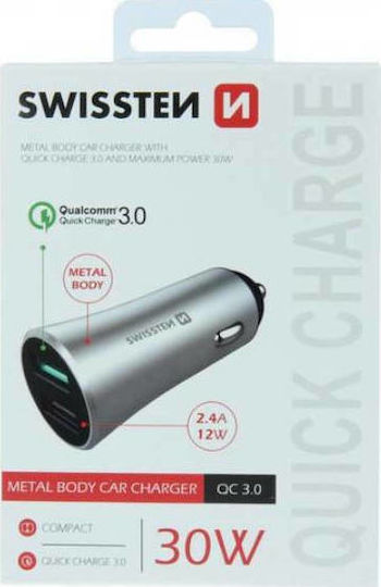Swissten Încărcător Auto 2.4A Încărcare Rapidă cu Porturi: 2xUSB Argintiu Culoare