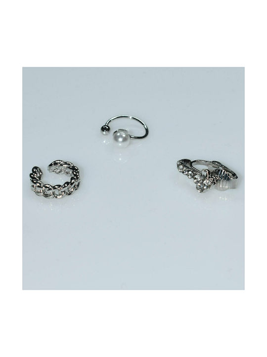 Earrings (set of three together) made of brass ear cuffs without hole that hook on the ear with pearls and white crystals in silver color BZ-ER-00600