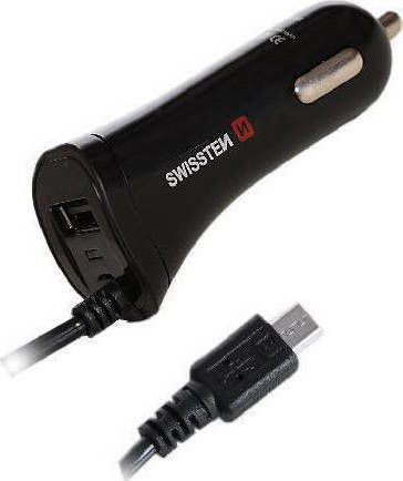 Swissten Auto-Ladegerät 12W 2.4A mit einem Anschluss: 1xUSB mit Kabel Mikro-USB Schwarz Farbe