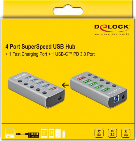 DeLock USB-Hub 6 Anschlüsse USB 3.2 mit USB-A Anschluss Grau