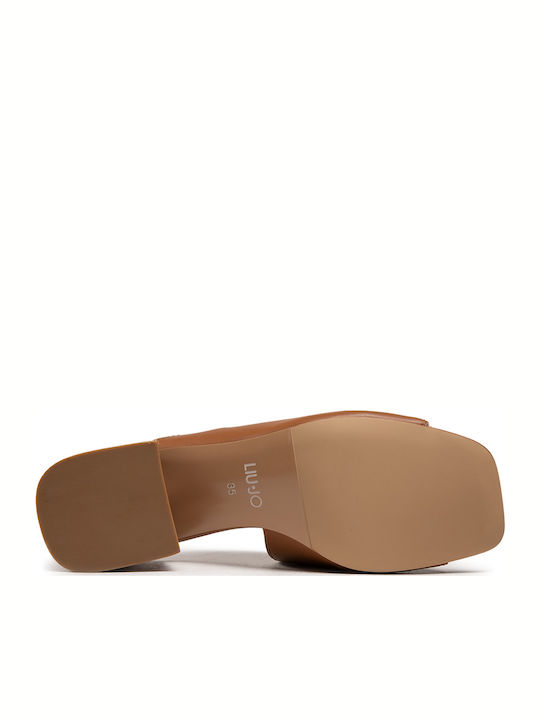 Leather Mules with Chunky Low Heel in Brown Color