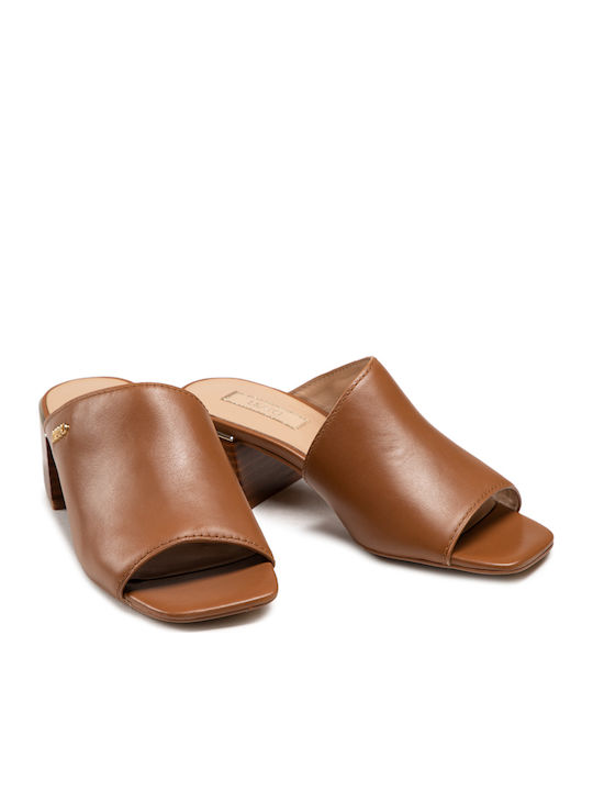 Leather Mules with Chunky Low Heel in Brown Color