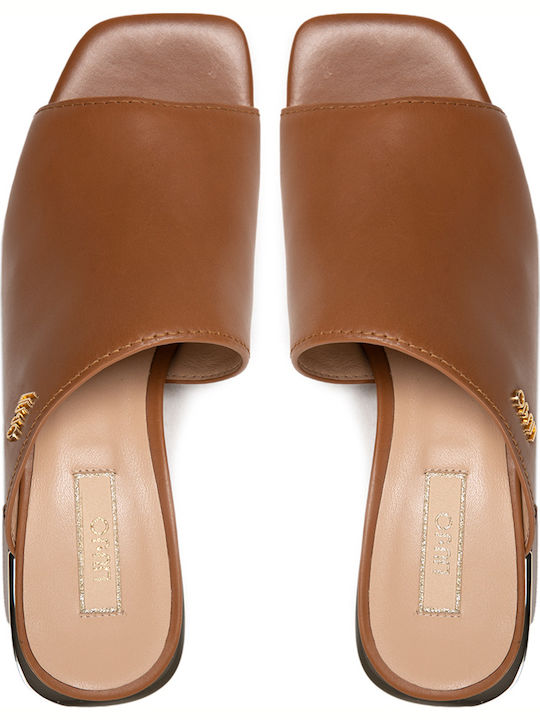 Leather Mules with Chunky Low Heel in Brown Color