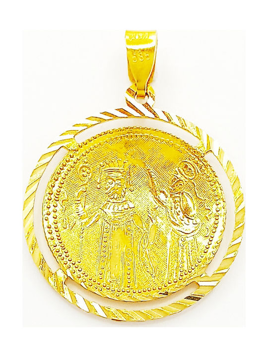 Handmade gold pendant Constantine 14 Carat gold in round frame with double face, height 3,1cm, width 2,3cm and weight 2,6gr.