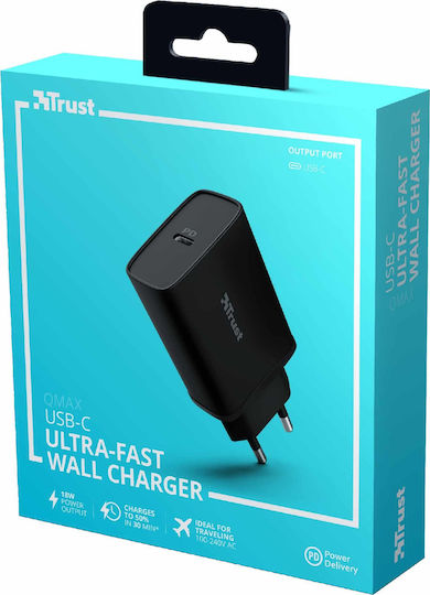 Trust Charger Without Cable with USB-C Port 18W Power Delivery Blacks (Qmax Ultra-Fast)