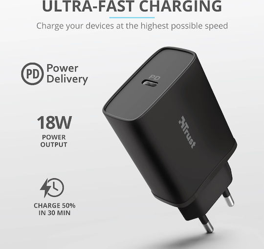 Trust Charger Without Cable with USB-C Port 18W Power Delivery Blacks (Qmax Ultra-Fast)