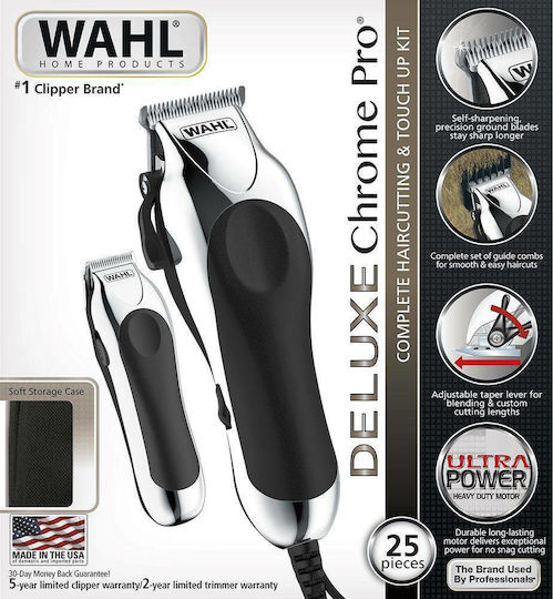 Wahl Professional Chrome Pro Deluxe Επαγγελματικό Σετ Κουρευτικής Μηχανής Ρεύματος Ασημί 79524-2716