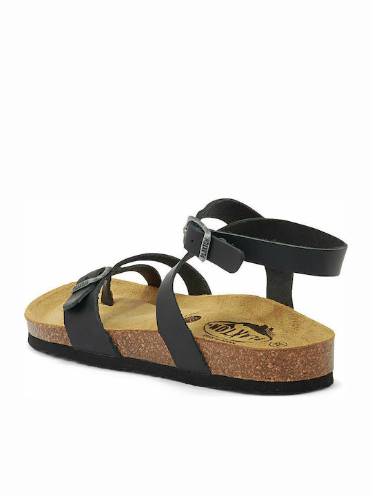 Bankog Leather Women's Flat Sandals Anatomic with Strap in Black Color
