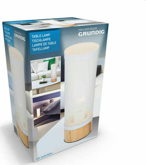 Grundig Wooden Table Lamp for E27 Socket with White Shade and Brown Base