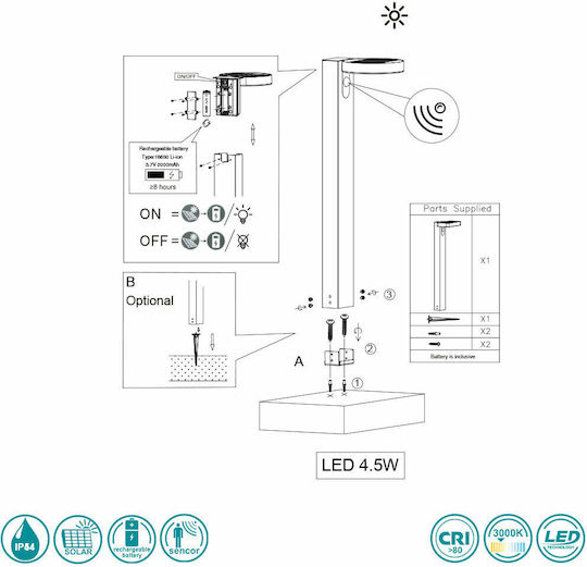 Trio Lighting Posadas Solar Light Floor Column 4.5W 290lm Warm White 3000K with Photocell IP44 15cmx19.5cmx60cmcm