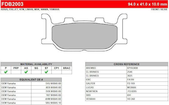Ferodo Motorcycle Brake Pads Front Yamaha T Max 500 for Husqvarna SMR Yamaha MT-03 / FZ6 Fazer / T-MAX 500 / YP 400 Majesty