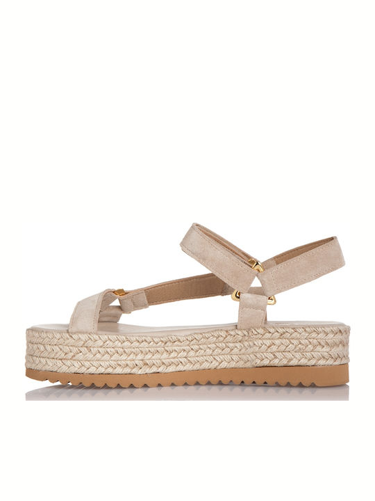Leather Women's Flat Sandals with Strap Flatforms in Beige Color