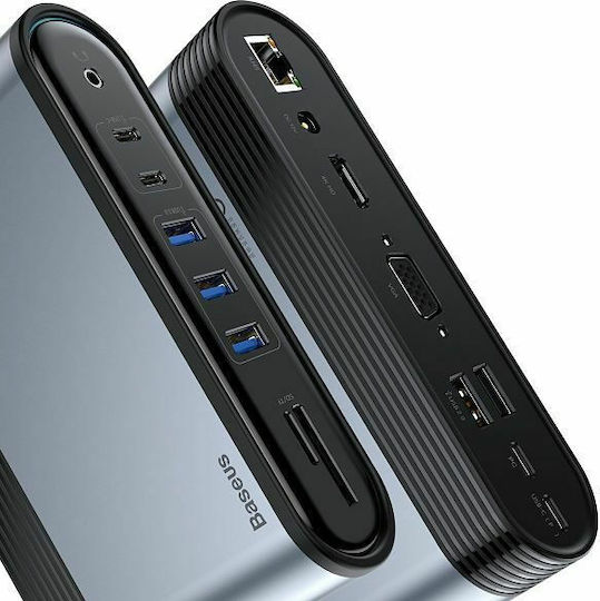 Baseus USB-C Docking Station με HDMI 4K PD Ethernet και συνδεση 2 Οθονών Γκρι (CAHUB-BG0G)