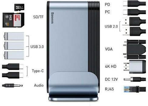 Baseus USB-C Docking Station με HDMI 4K PD Ethernet και συνδεση 2 Οθονών Γκρι (CAHUB-BG0G)