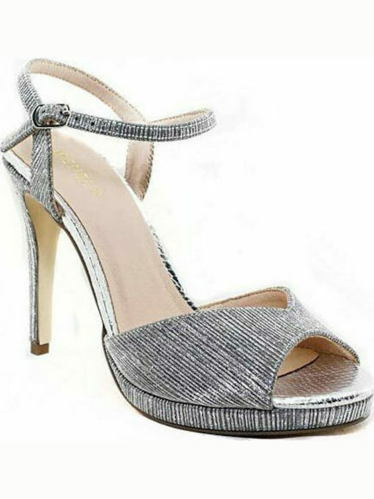 Menbur Women's Sandals with Ankle Strap Silver with Thin High Heel