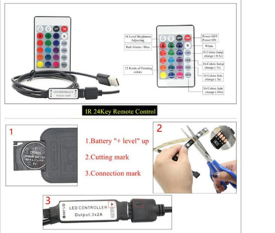 Ταινία LED USB 5V RGB Φως 2m με Τροφοδοτικό & Τηλεχειριστήριο