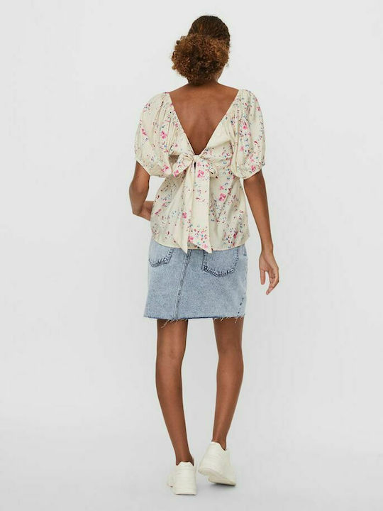 Vero Moda Women's Summer Blouse Short Sleeve Floral Beige