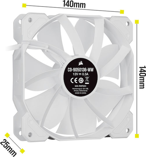 Corsair iCUE SP140 Elite Performance Case Fan (1200rpm / 68.1cfm) με ARGB Φωτισμό και Σύνδεση 4-Pin PWM 2τμχ Λευκό