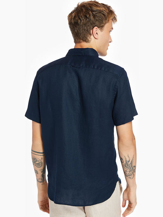 Timberland Men's Shirt Short Sleeve Linen Navy Blue