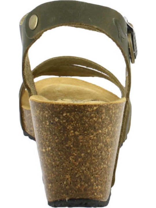 Women's Leather Ankle Strap Platforms Khaki