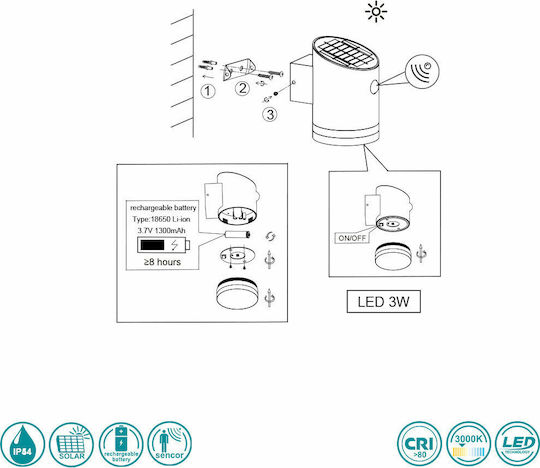 Trio Lighting Salta Wall Mounted Solar Light 3W 165lm Warm White 3000K with Photocell IP44 9cmx13cmcm