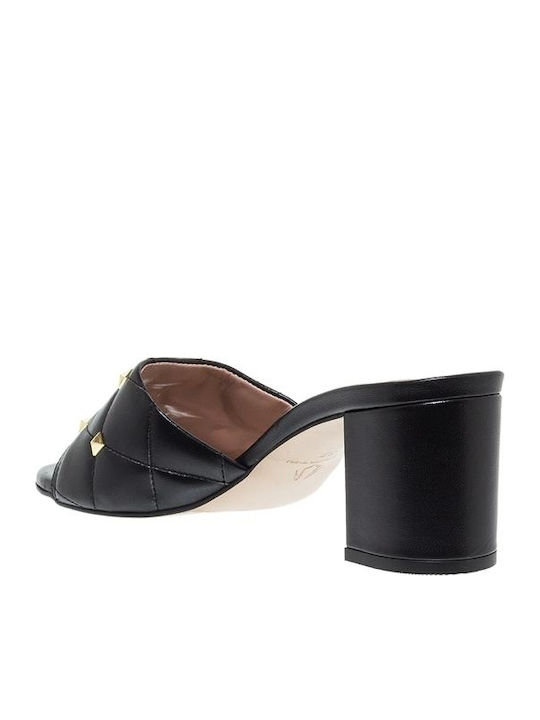 55333 Leather Mules with Chunky High Heel in Black Color