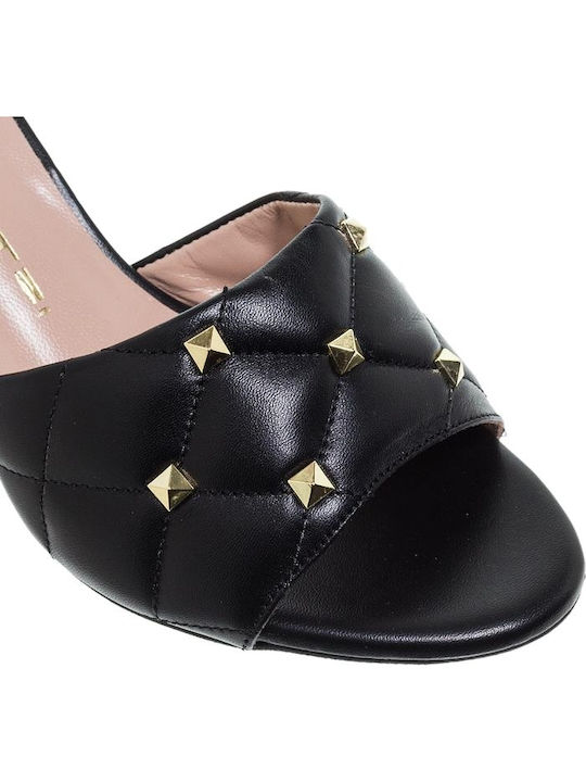 55333 Leather Mules with Chunky High Heel in Black Color