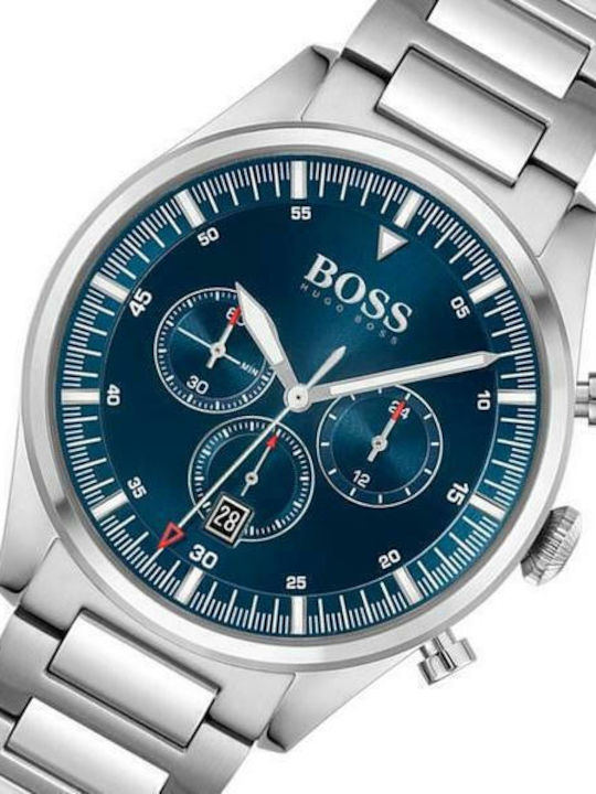 Boss Pioneer Ανδρικό Ρολόι 44mm Χρονογράφος Μπαταρίας με Ασημί Μεταλλικό Μπρασελέ