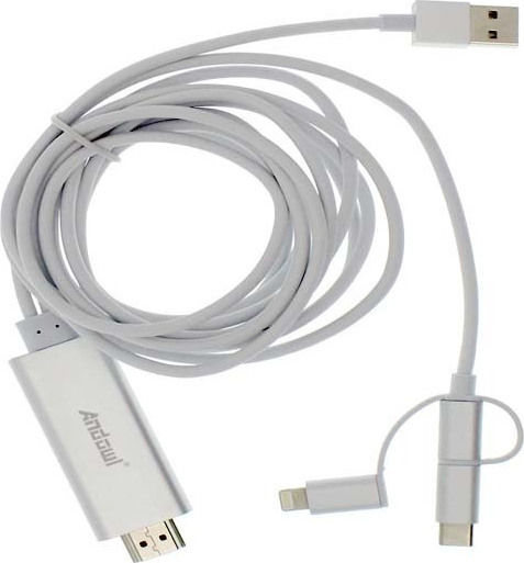 Andowl Cable HDMI male - micro USB Male / Lightning male / USB-A male / USB-C male 2m Λευκό