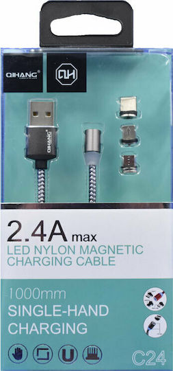QIHANG QH-C24 Geflochten / Magnetisch USB zu Blitzschlag / Typ-C,TC-TC / Micro-USB Kabel 2.4A Gray 1m