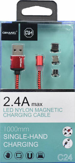 QIHANG QH-C24 Braided / Magnetic USB to Lightning / Type-C / micro USB 1m 2.4A Cable Red