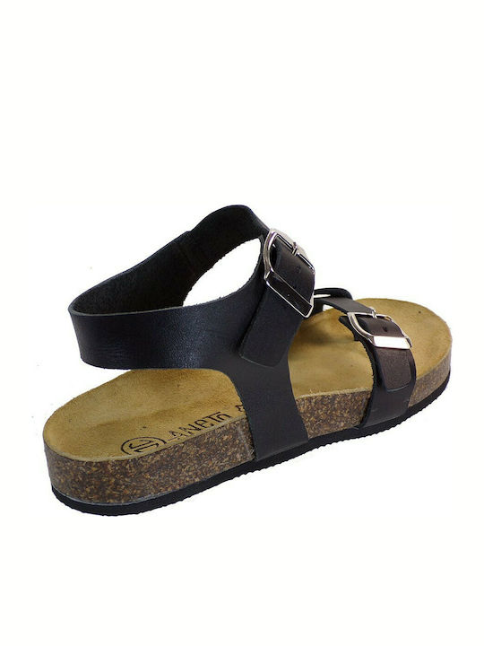 Katia Shoes Anneto Leather Women's Flat Sandals with Strap Flatforms in Black Color