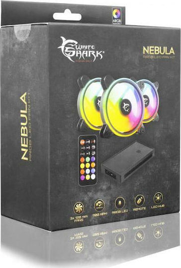 White Shark Nebula Case Fan 120mm (1100rpm / 25cfm) with ARGB Lighting and 4-Pin PWM Connection Pack of 3