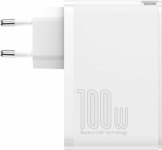 Baseus Charger Without Cable GaN with 2 USB-A Ports and 2 USB-C Ports 100W Power Delivery / Quick Charge 4+ Whites (Gan2 Pro)