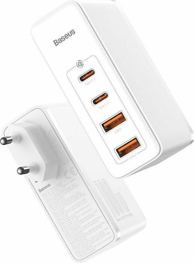 Baseus Charger Without Cable GaN with 2 USB-A Ports and 2 USB-C Ports 100W Power Delivery / Quick Charge 4+ Whites (Gan2 Pro)