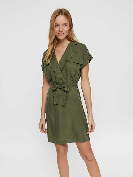 Sommer Mini Kleid Wickel Khaki
