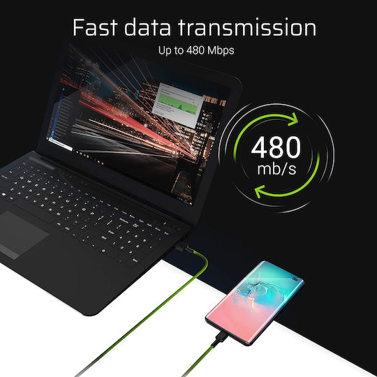Green Cell Cell Ray Braided / LED USB 2.0 Cable USB-C male - USB-A Μαύρο 2m KABGC13
