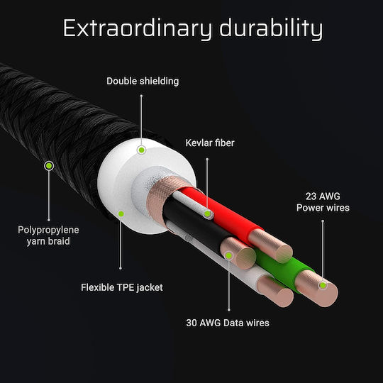 Green Cell Cell Ray Braided / LED USB 2.0 Cable USB-C male - USB-A Μαύρο 2m KABGC13