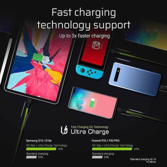 Green Cell Cell Ray Braided / LED USB 2.0 Cable USB-C male - USB-A Μαύρο 2m KABGC13