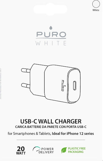 Puro Φορτιστής Χωρίς Καλώδιο με Θύρα USB-C 20W Power Delivery Λευκός (PUROCSM20WUSBCWT)