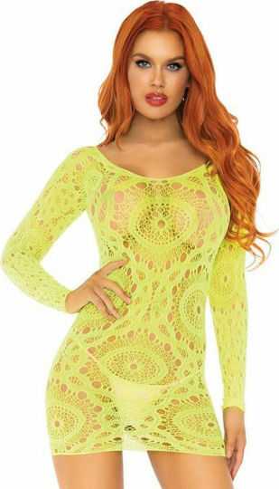 Leg Avenue Crochet Lace Long Sleeve Mini Dress Neon Yellow