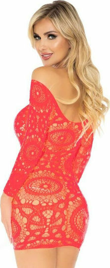 Leg Avenue Crochet Lace Long Sleeve Mini Dress Neon Sexy Φόρεμα Coral